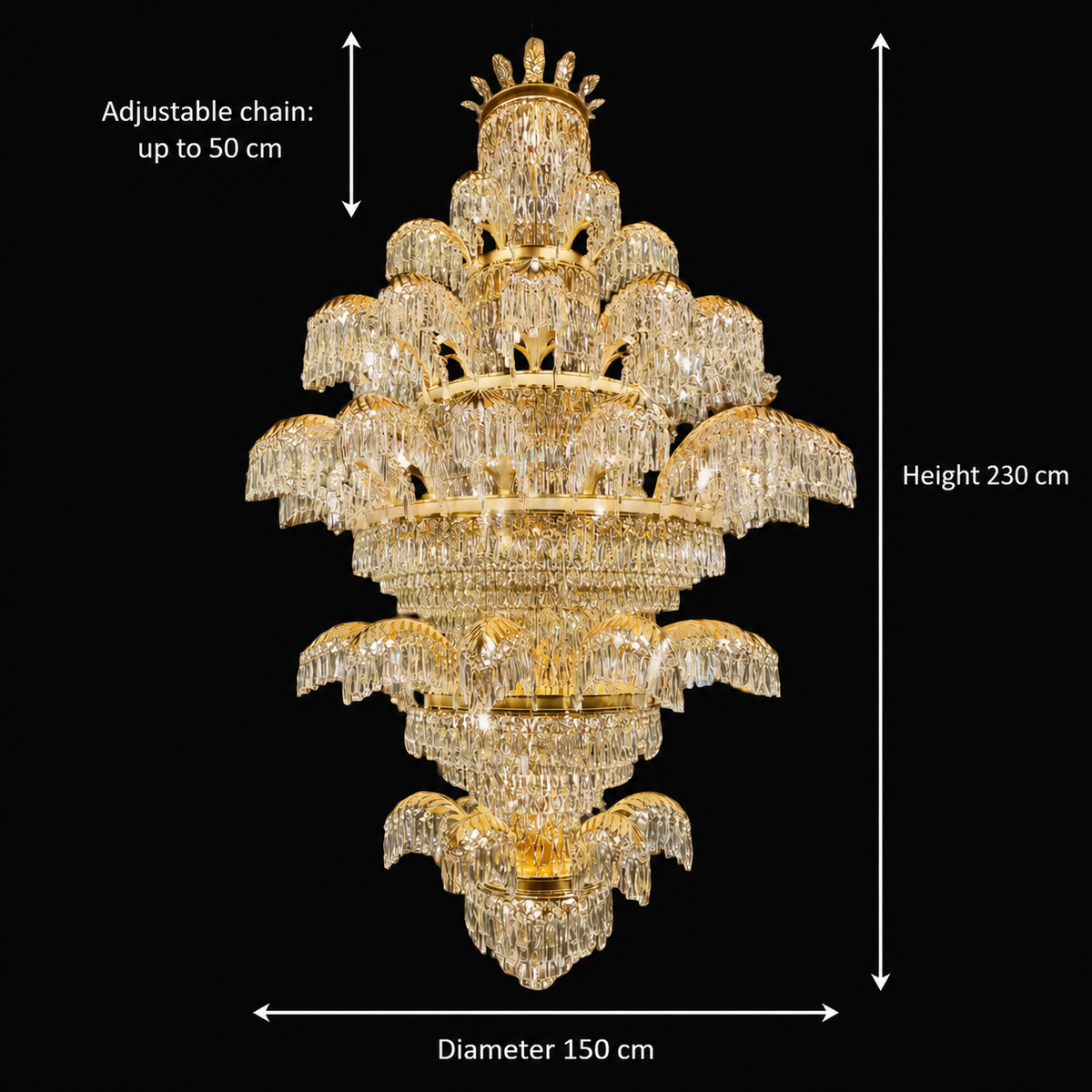 Crystal Chandelier PALACE Grande, 52 μπράτσα, 96xG9, Διάμετρος 150cm, Ύψος 230cm, Γυαλιστερό χρυσό, Ρυθμιζόμενο ύψος, Κομψή σχεδίαση Crystal Chandeliers Προεπιλεγμένος τίτλος Alessandro Design