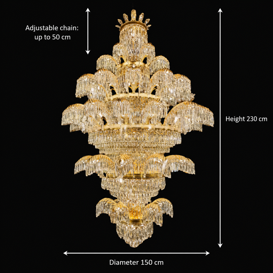 Crystal Chandelier PALACE Grande, 52 μπράτσα, 96xG9, Διάμετρος 150cm, Ύψος 230cm, Γυαλιστερό χρυσό, Ρυθμιζόμενο ύψος, Κομψή σχεδίαση Crystal Chandeliers Προεπιλεγμένος τίτλος Alessandro Design