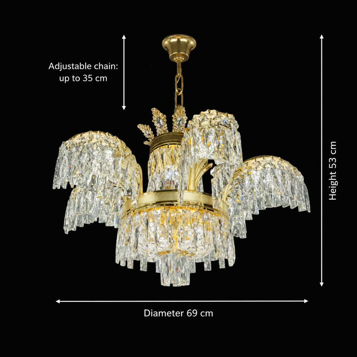 Crystal Chandelier PALACE, 6 μπράτσα, 12xG9, D69cm, Γυαλιστερό χρυσό, ρυθμιζόμενο ύψος, μεταλλικοί και κρυστάλλινοι πολυέλαιοι κρύσταλλοι Προεπιλεγμένος τίτλος Alessandro Design