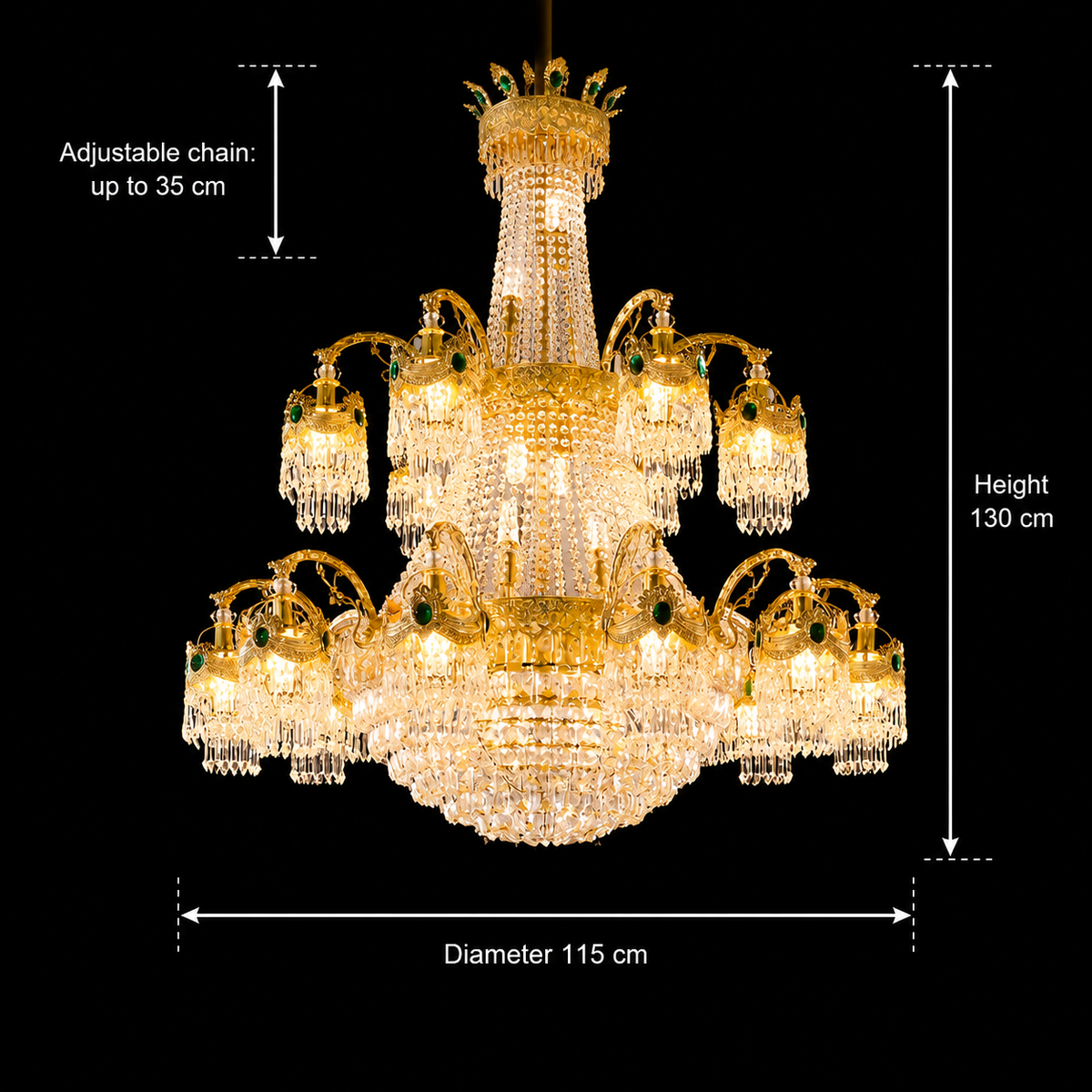 Crystal Chandelier, 31xE14, Διάμετρος 115cm, Ύψος 130cm, Γυαλιστερό χρυσό, Ρυθμιζόμενο ύψος, Κομψή σχεδίαση Crystal Chandelier Προεπιλεγμένος τίτλος Alessandro Design