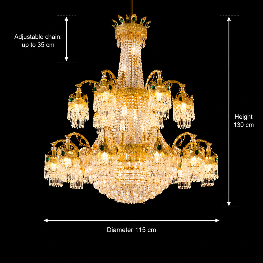 Crystal Chandelier, 31xE14, Διάμετρος 115cm, Ύψος 130cm, Γυαλιστερό χρυσό, Ρυθμιζόμενο ύψος, Κομψή σχεδίαση Crystal Chandelier Προεπιλεγμένος τίτλος Alessandro Design