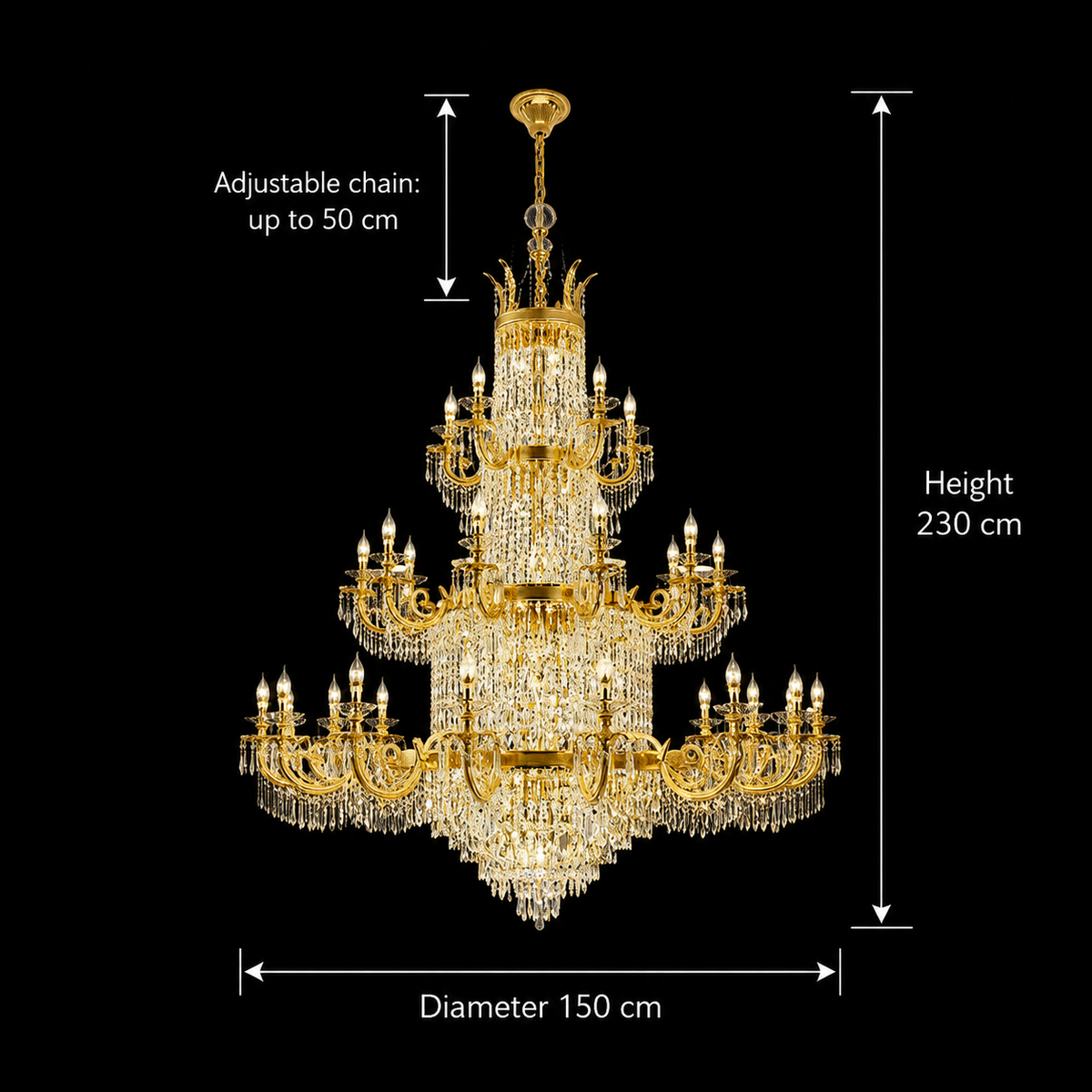 Crystal Chandelier, 54xE14, Διάμετρος 150cm, Ύψος 230cm, Γυαλιστερό χρυσό, Ρυθμιζόμενο ύψος, Κομψή σχεδίαση Crystal Chandelier Προεπιλεγμένος τίτλος Alessandro Design