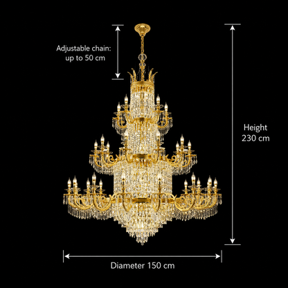 Crystal Chandelier, 54xE14, Διάμετρος 150cm, Ύψος 230cm, Γυαλιστερό χρυσό, Ρυθμιζόμενο ύψος, Κομψή σχεδίαση Crystal Chandelier Προεπιλεγμένος τίτλος Alessandro Design