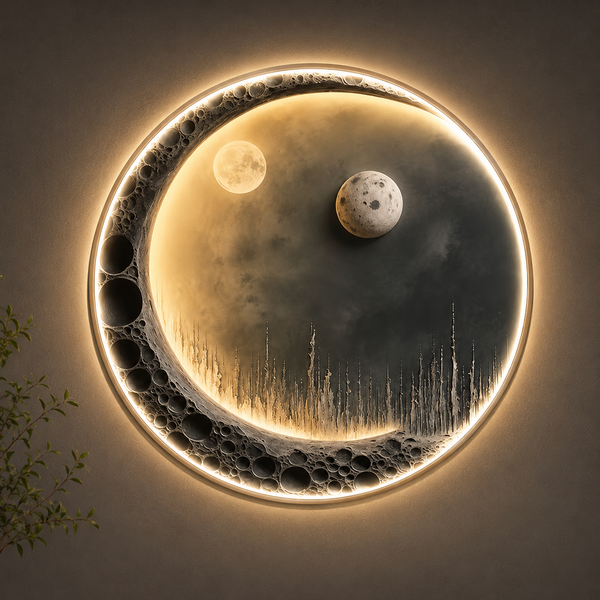 Διακοσμητικός πίνακας με φωτισμό LED Silver Moon, Διάμετρος 80 cm, 24W, Neutral Light, κράμα αλουμινίου και MDF