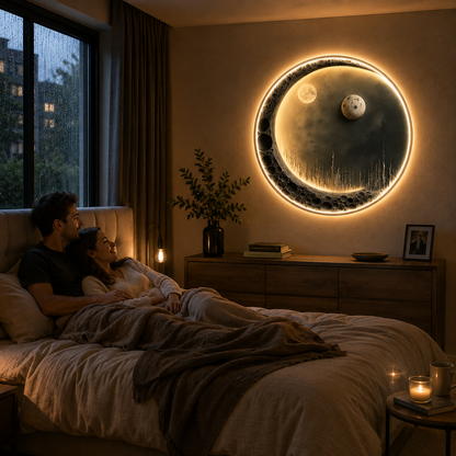 Διακοσμητικός πίνακας με φωτισμό LED Silver Moon, Διάμετρος 80 cm, 24W, Neutral Light, κράμα αλουμινίου και MDF