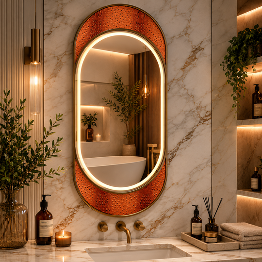 NORILSK LED Καθρέφτης, 55x110cm, Γυαλιστερό χρυσό, Αισθητήρας, Φως 3000K, 4000K, 6000K, Σύστημα απολέπισης, Μέταλλο, Λειτουργίες ρολογιού και θερμοκρασίας