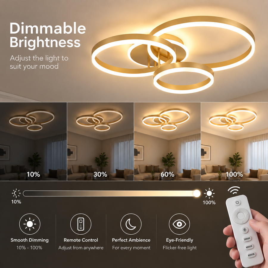 Πολυέλαιος LED με τηλεχειριστήριο RIGA LILITH 68W, 3 Κύκλοι, Κρύο/Ζεστό/Ουδέτερο φως, Ρυθμιζόμενο, Γυαλιστερό χρυσό