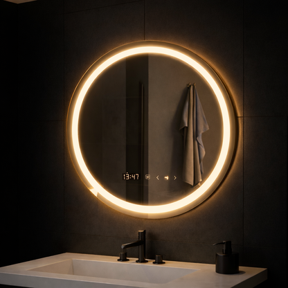 Στρογγυλός καθρέφτης LED, 70 εκ., Celeste MotionGlow Marcello, Σύστημα Demister, Ρολόι & Θερμόμετρο, Ρυθμιζόμενο, Θερμό Ουδέτερο Ψυχρό Φως 3000K/4000K/6000K Marcello Mirrors Προεπιλεγμένος τίτλος Alessandro Design