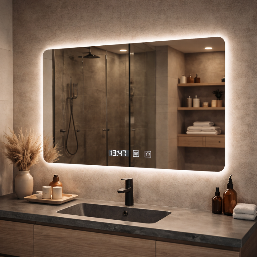 Ορθογώνιος καθρέφτης LED ARTAR Touch, 80X60cm, Σύστημα Demister, Dimmable, Clock and Temperature, Warm Neutral Cold Light 3000K/4000K/6000K Bathroom Mirror with LED and Demister Default Title Alessandro Design