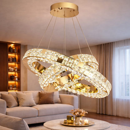 Πολυέλαιος LED με Τηλεχειριστήριο, LLC135/2GD, Κρύσταλλο και Μέταλλο, 54W, 2 Κύκλοι, Ρυθμιζόμενος, Ρυθμιζόμενος Ύψος, Κρύο/Ζεστό/Ουδέτερο φως 3000K/4000K/6000K, Πολυέλαιοι LED φωτισμού πολυτελείας με Τηλεχειριστήριο Σχεδίασης TD Default