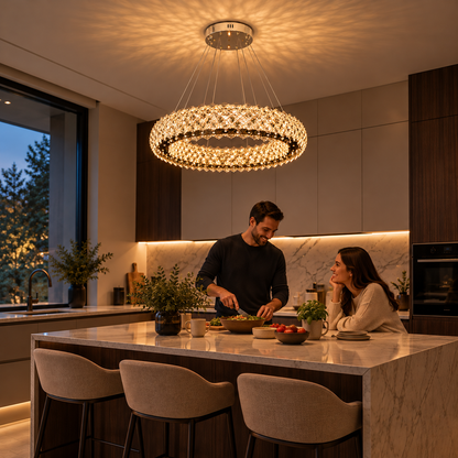 Κρυστάλλινος πολυέλαιος KALTO Eleganza, 106W, Κρύο/Ζεστό/Ουδέτερο φως, Ρυθμιζόμενο ύψος, Μέταλλο και Κρύσταλλο, Γυαλιστερό χρώμιο