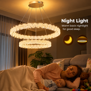 Πολυέλαιος SHELP Crystal LED με τηλεχειριστήριο, 64W, Θερμό/Ουδέτερο/Ψυχρό φως, Φ60 cm, Ρυθμιζόμενο Ύψος, Μέταλλο και Κρύσταλλο, Χρυσό