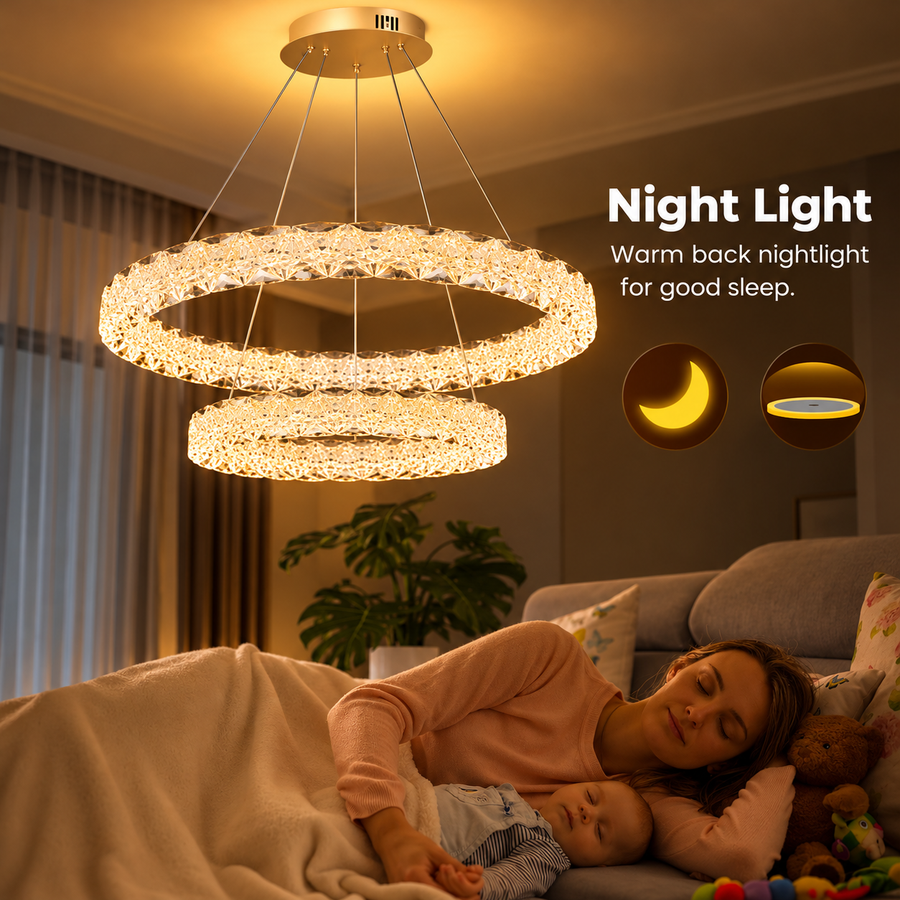 Πολυέλαιος SHELP Crystal LED με τηλεχειριστήριο, 64W, Θερμό/Ουδέτερο/Ψυχρό φως, Φ60 cm, Ρυθμιζόμενο Ύψος, Μέταλλο και Κρύσταλλο, Χρυσό