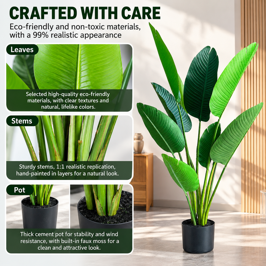 Τεχνητό φυτό Τύπος Strelitzia Nicolai (Bird of Paradise), 150 cm, 10 φύλλα, Πράσινο