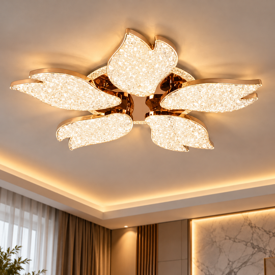 Πολυέλαιος BLUME Magno LED με τηλεχειριστήριο και κρύσταλλο, 79W, 5 πηγές, Κρύο/Θερμό/Ουδέτερο φως, Ρυθμιζόμενο, Χρυσό