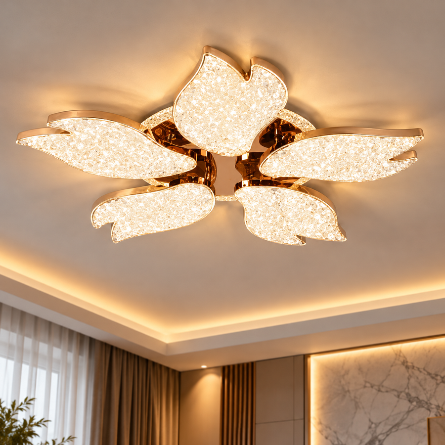 Πολυέλαιος BLUME Magno LED με τηλεχειριστήριο και κρύσταλλο, 79W, 5 πηγές, Κρύο/Θερμό/Ουδέτερο φως, Ρυθμιζόμενο, Χρυσό