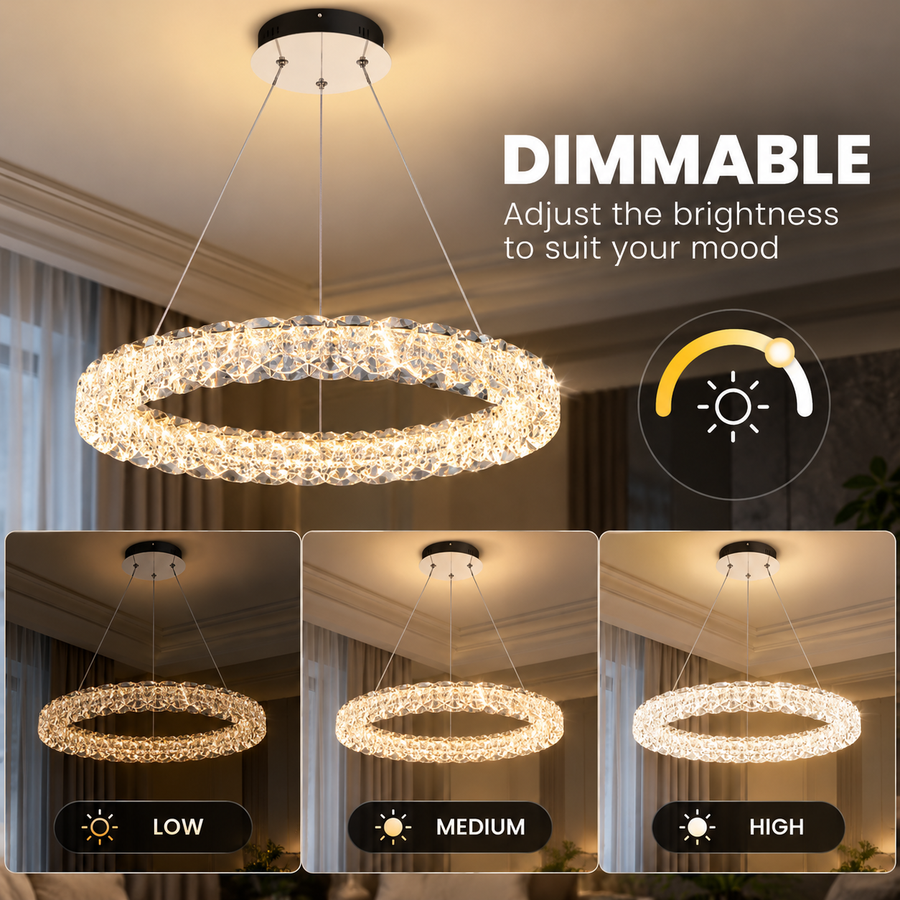 Πολυέλαιος VENTANA Crystal LED με τηλεχειριστήριο, 25W, Ζεστό/Ουδέτερο/Κρύο Φως, Φ39 cm, Ρυθμιζόμενο Ύψος, Μέταλλο και Κρύσταλλο, Χρυσό