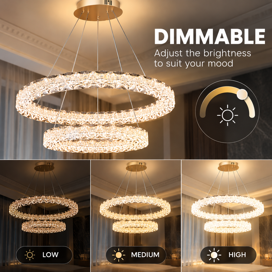 Πολυέλαιος SHELP Crystal LED με τηλεχειριστήριο, 64W, Θερμό/Ουδέτερο/Ψυχρό φως, Φ60 cm, Ρυθμιζόμενο Ύψος, Μέταλλο και Κρύσταλλο, Χρυσό