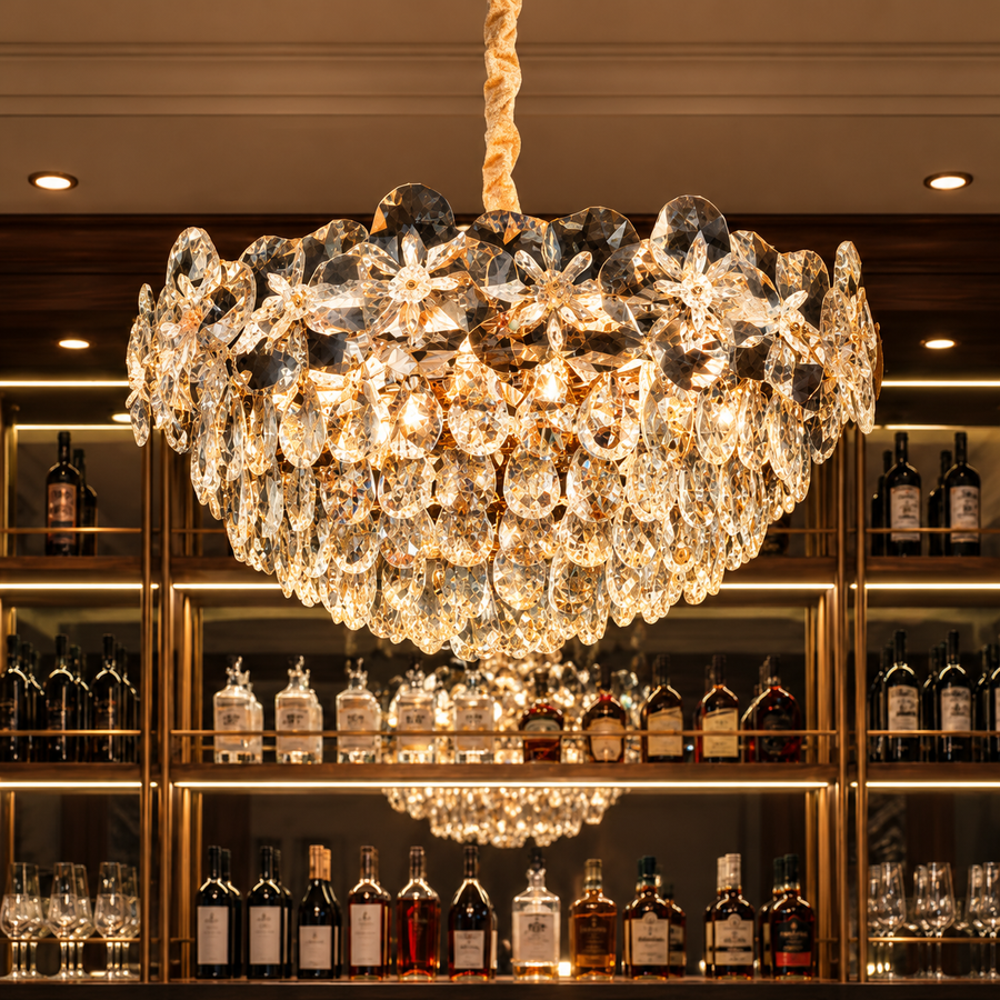 Crystal Chandelier JARDIN Magno 14xE14, Διάμετρος 60cm, Ύψος 35cm, Γυαλιστερό Χρυσό, Ρυθμιζόμενο Ύψος, Κομψή σχεδίαση