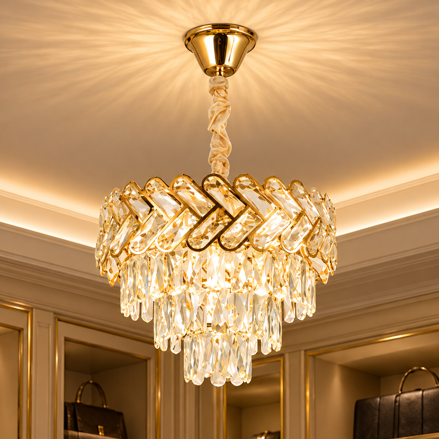 Crystal Chandelier VECTOR Nobile 5xE14, Διάμετρος 39cm, Γυαλιστερό Χρυσό, Ρυθμιζόμενο Ύψος, Μέταλλο και Κρύσταλλο