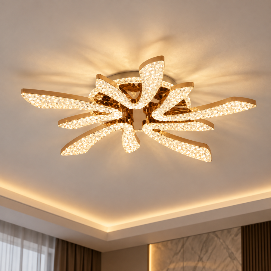 Πολυέλαιος CHARM Magno LED με τηλεχειριστήριο και κρύσταλλο, 68W, Ø59cm, 5 Πηγές, Κρύο/Ζεστό/Ουδέτερο φως, Ρυθμιζόμενο, Χρυσό
