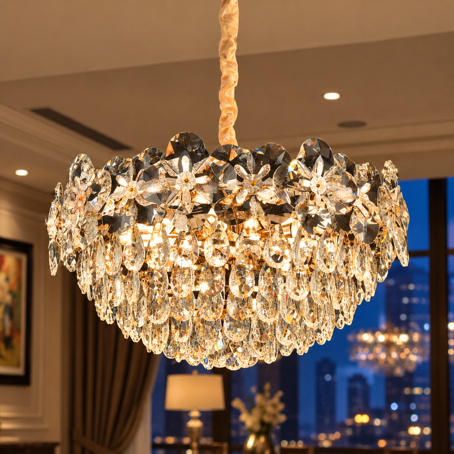 Crystal Chandelier JARDIN Eleganza 9xE14, Διάμετρος 50cm, Ύψος 30cm, Γυαλιστερό Χρυσό, Ρυθμιζόμενο Ύψος, Κομψή σχεδίαση