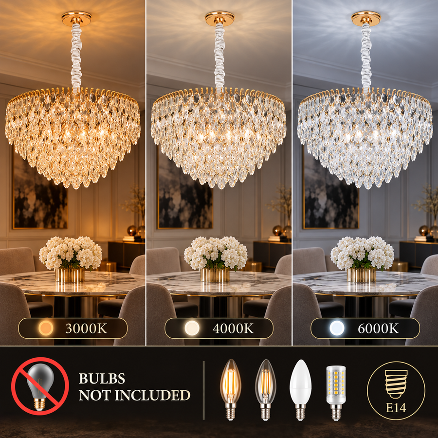 ERDENET Eleganza Crystal Chandelier, 9xE14, Διάμετρος 50 cm, Μέταλλο και Κρύσταλλο, Γυαλιστερό χρυσό, Ρυθμιζόμενο ύψος
