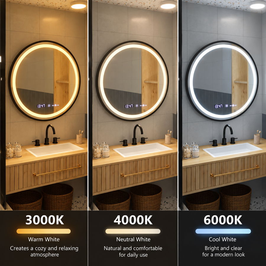 LED Στρογγυλός καθρέφτης, 100cm, Celeste Majesté Noir MotionGlow Marcello, Σύστημα Demister, Ρολόι & Θερμόμετρο, Ρυθμιζόμενο