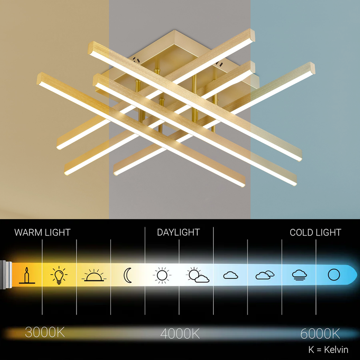 Πολυέλαιος LED με Τηλεχειριστήριο LINEX, 81W, Light 3000K/4000K/6000K, Dimmable, Gold LED Chandeliers with Remote Control Προεπιλεγμένος τίτλος Alessandro Design