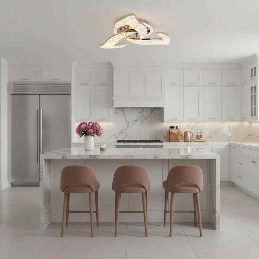 Πολυέλαιος LED HALESA Elegance με τηλεχειριστήριο και κρύσταλλο, 44W, 3 πηγές, Κρύο/Ζεστό/Ουδέτερο φως, Ρυθμιζόμενο, Χρυσό