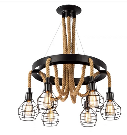 Vintage κρεμαστός πολυέλαιος, LV583/6BK, 6xE27, Διάμετρος 60 cm, Ρυθμιζόμενο ύψος, IP20, Καφέ, Μεταλλικός και κορδόνι, Οι βολβοί δεν περιλαμβάνονται