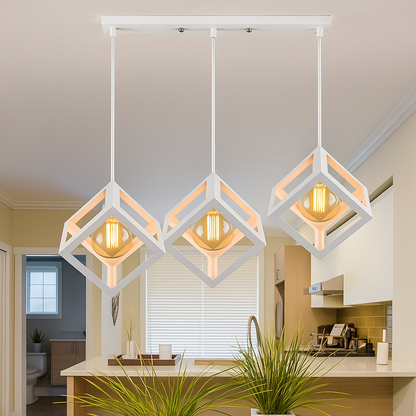 Cube Shape Chandelier, STRUKTUR Linear Trio, 3x E27, White, Metal Luster Βιομηχανικός προεπιλεγμένος τίτλος Alessandro Design