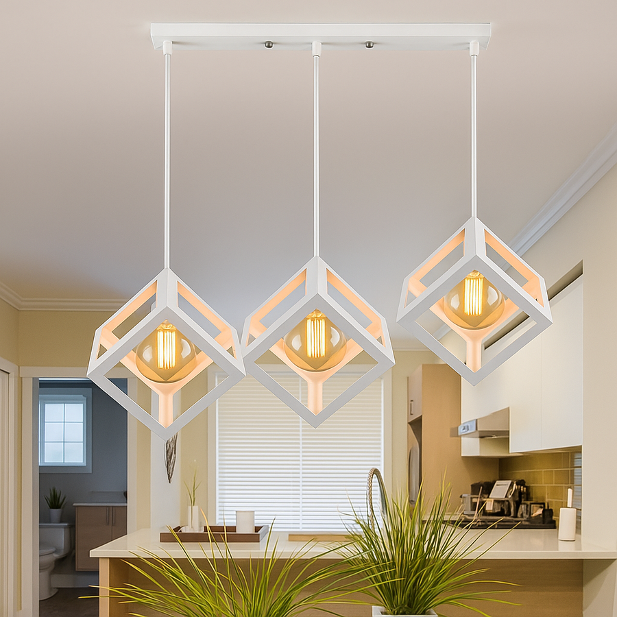 Cube Shape Chandelier, STRUKTUR Linear Trio, 3x E27, White, Metal Luster Βιομηχανικός προεπιλεγμένος τίτλος Alessandro Design
