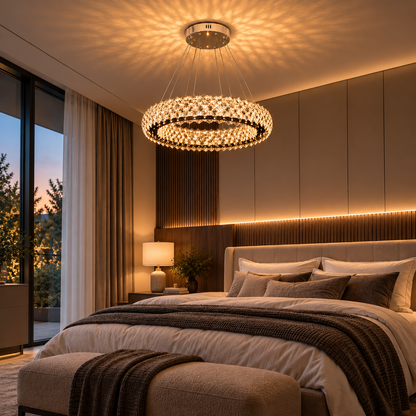 Κρυστάλλινος πολυέλαιος KALTO Eleganza, 106W, Κρύο/Ζεστό/Ουδέτερο φως, Ρυθμιζόμενο ύψος, Μέταλλο και Κρύσταλλο, Γυαλιστερό χρώμιο