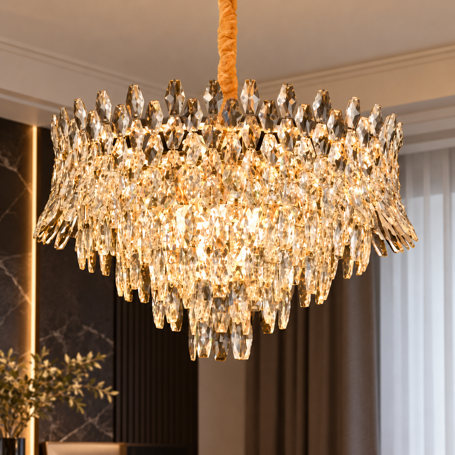Crystal Chandelier MONARCH Magno 12xE14, Διάμετρος 60cm, Ύψος 40cm, Γυαλιστερό Χρυσό, Ρυθμιζόμενο Ύψος, Κομψή σχεδίαση