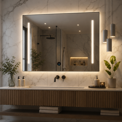 Καθρέφτης LED SLUPSK, 100x70cm, Γκρι, Έξυπνος περιστροφικός διακόπτης με οθόνη RGB, Ρυθμιζόμενος CCT 3000K–6000K, Μέταλλο, Λειτουργίες ρολογιού