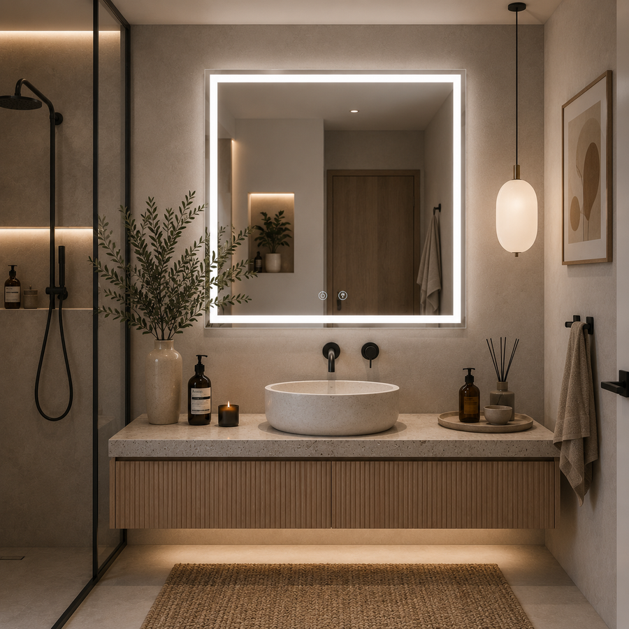 Καθρέφτης LED WAMOSK, 52W, 75x90cm, Λευκό, Αισθητήρας, Φως 3000K, 4000K, 6000K, Λειτουργίες Demister, Μέταλλο, Ρολόι και Θερμοκρασία