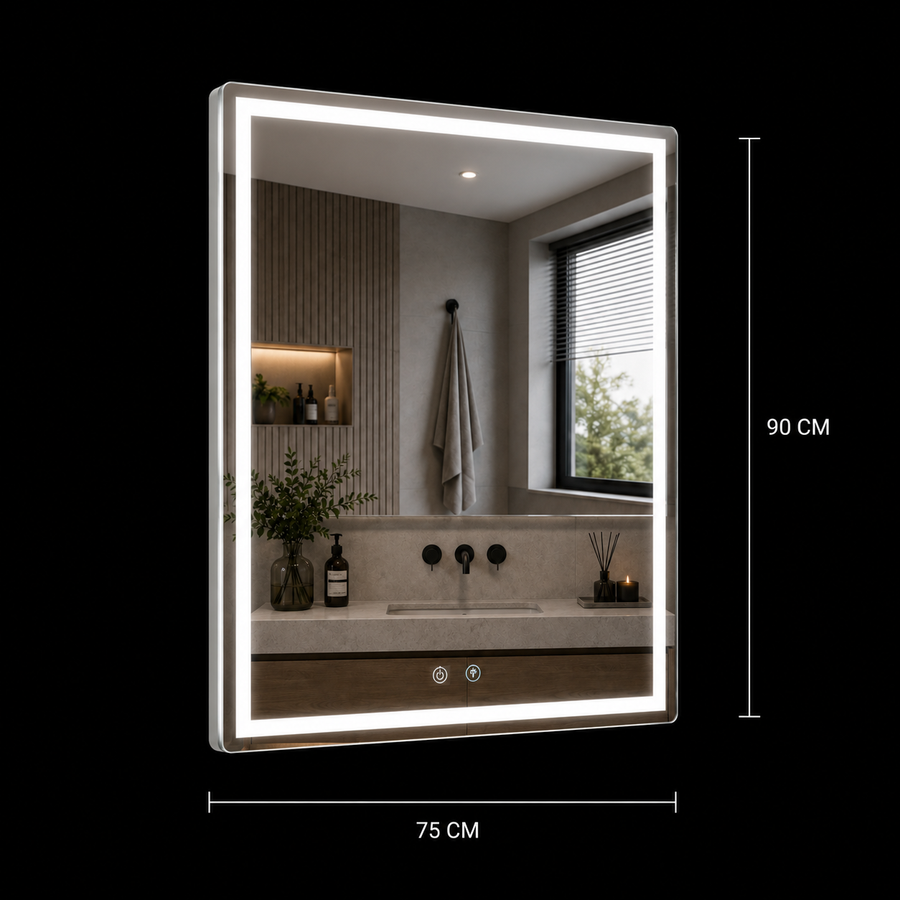 Καθρέφτης LED WAMOSK, 52W, 75x90cm, Λευκό, Αισθητήρας, Φως 3000K, 4000K, 6000K, Λειτουργίες Demister, Μέταλλο, Ρολόι και Θερμοκρασία