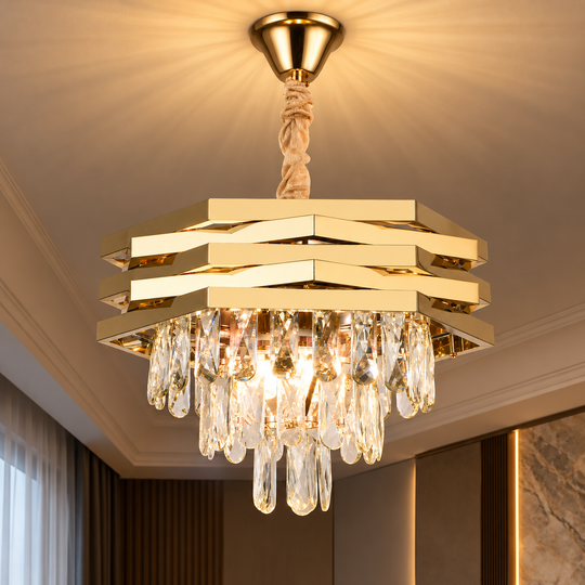 HEXA Crystal Chandelier Ø30cm 3xE14 Gold Ρυθμιζόμενο Ύψος