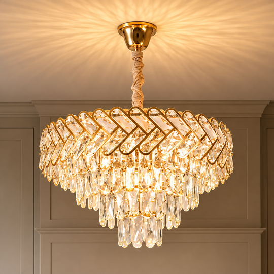 Crystal Chandelier VECTOR Eleganza 8xE14, Διάμετρος 48cm, Γυαλιστερό Χρυσό, Ρυθμιζόμενο Ύψος, Μέταλλο και Κρύσταλλο