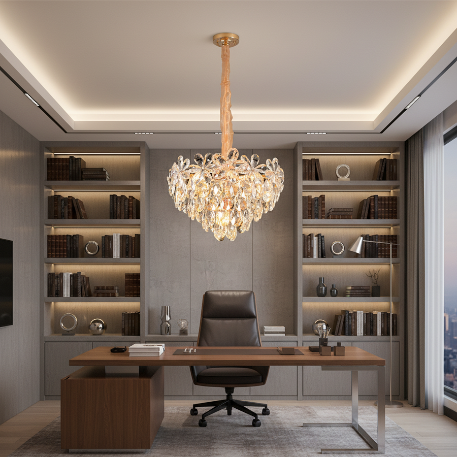 Κρυστάλλινος πολυέλαιος, Elegance 7xE14, Διάμετρος 40cm, Γυαλιστερό χρυσό, Ρυθμιζόμενο ύψος, Μέταλλο και Κρύσταλλο