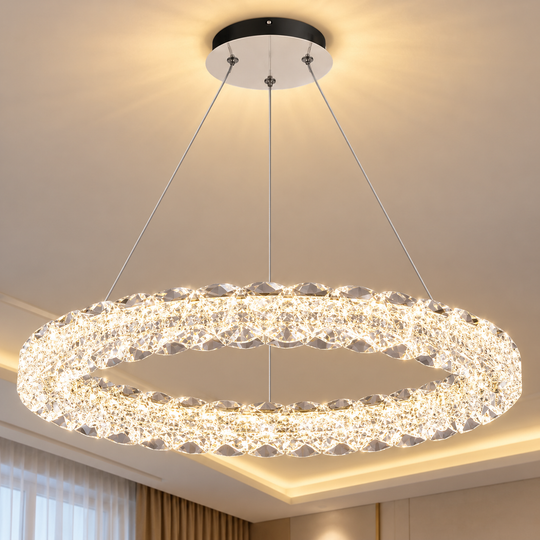 Πολυέλαιος VENTANA Crystal LED με τηλεχειριστήριο, 25W, Ζεστό/Ουδέτερο/Κρύο Φως, Φ39 cm, Ρυθμιζόμενο Ύψος, Μέταλλο και Κρύσταλλο, Χρυσό