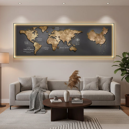 Διακοσμητικός πίνακας με φωτισμό LED World Map, 120 x 60 cm, 24W, Neutral Light, κράμα αλουμινίου και MDF