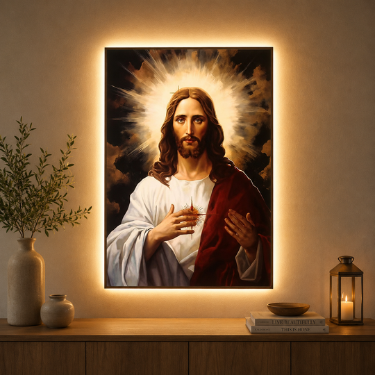 Διακοσμητικός πίνακας με φωτισμό LED Sacred Heart of Jesus, 60 x 80 cm, 24W, Neutral Light, κράμα αλουμινίου και MDF