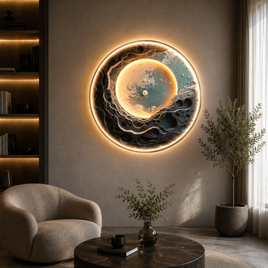 Διακοσμητικός Πίνακας με Φωτισμό LED Blue Planet, Διάμετρος 80 cm, 24W, Neutral Light, Κράμα Αλουμινίου και MDF