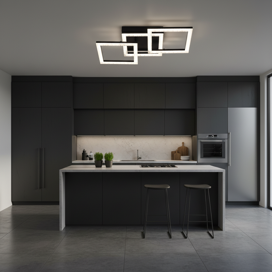 Πολυέλαιος LED με τηλεχειριστήριο GEO 43W, 3 Τετράγωνα, Κρύο/Ζεστό/Ουδέτερο φως, Ρυθμιζόμενο, Μεταλλικό και Ακρυλικό, Μαύρο