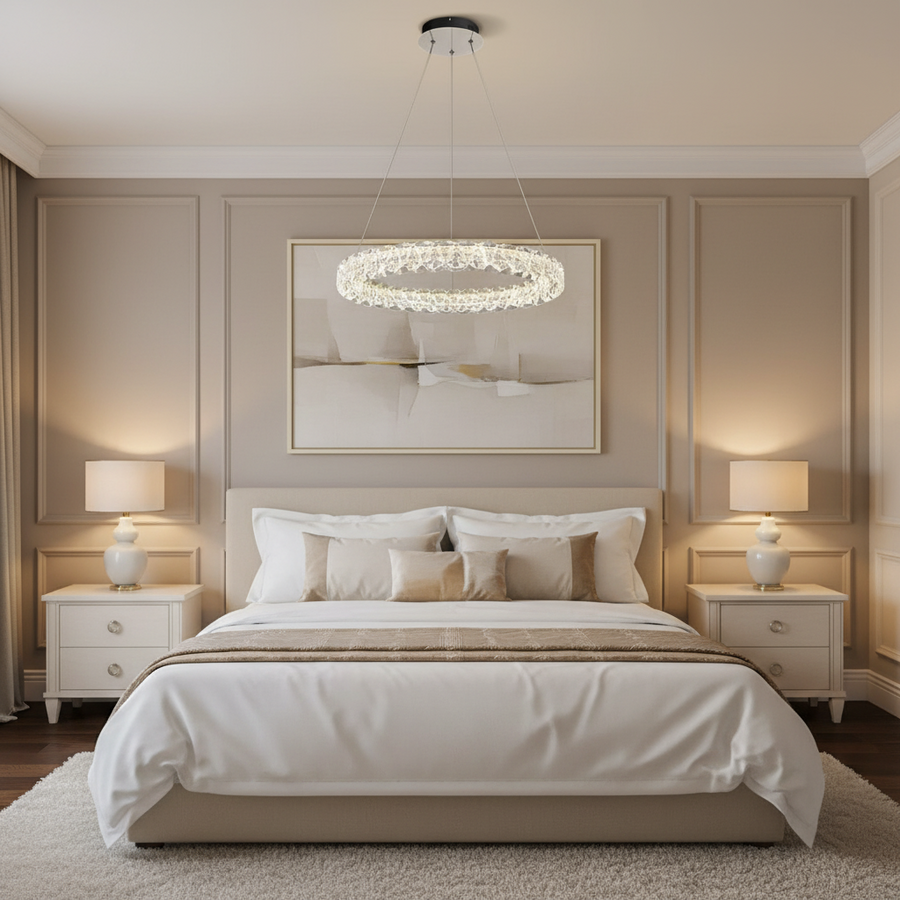 Πολυέλαιος VENTANA Crystal LED με τηλεχειριστήριο, 25W, Ζεστό/Ουδέτερο/Κρύο Φως, Φ39 cm, Ρυθμιζόμενο Ύψος, Μέταλλο και Κρύσταλλο, Χρυσό