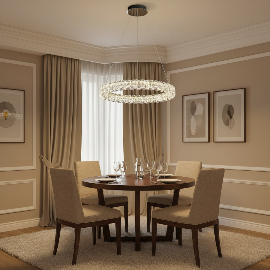 Πολυέλαιος VENTANA Crystal LED με τηλεχειριστήριο, 25W, Ζεστό/Ουδέτερο/Κρύο Φως, Φ39 cm, Ρυθμιζόμενο Ύψος, Μέταλλο και Κρύσταλλο, Χρυσό