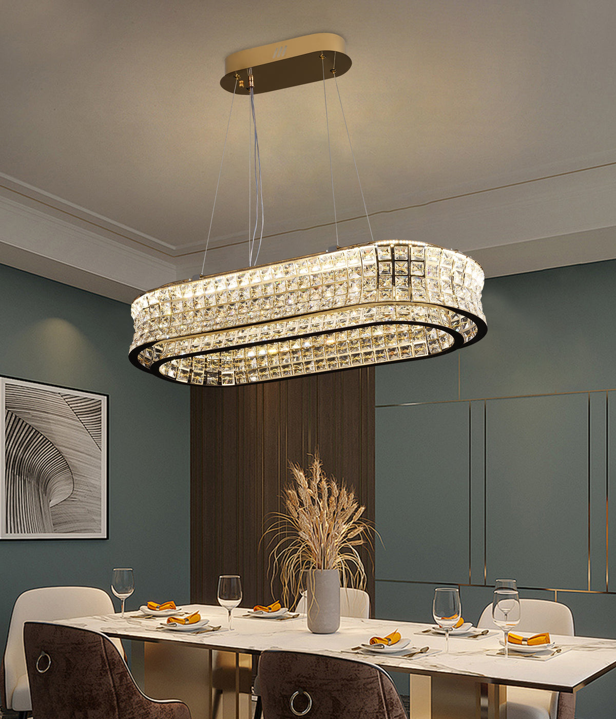 Πολυέλαιος LED με Τηλεχειριστήριο, LLC160/750X350GD, Κρύσταλλο και μέταλλο, 72W, Ρυθμιζόμενο, Ρυθμιζόμενο Ύψος, Ψυχρό/Ζεστό/Ουδέτερο φως, Πολυέλαιος φωτισμός LED με τηλεχειριστήριο Προεπιλεγμένος τίτλος Alessandro Design