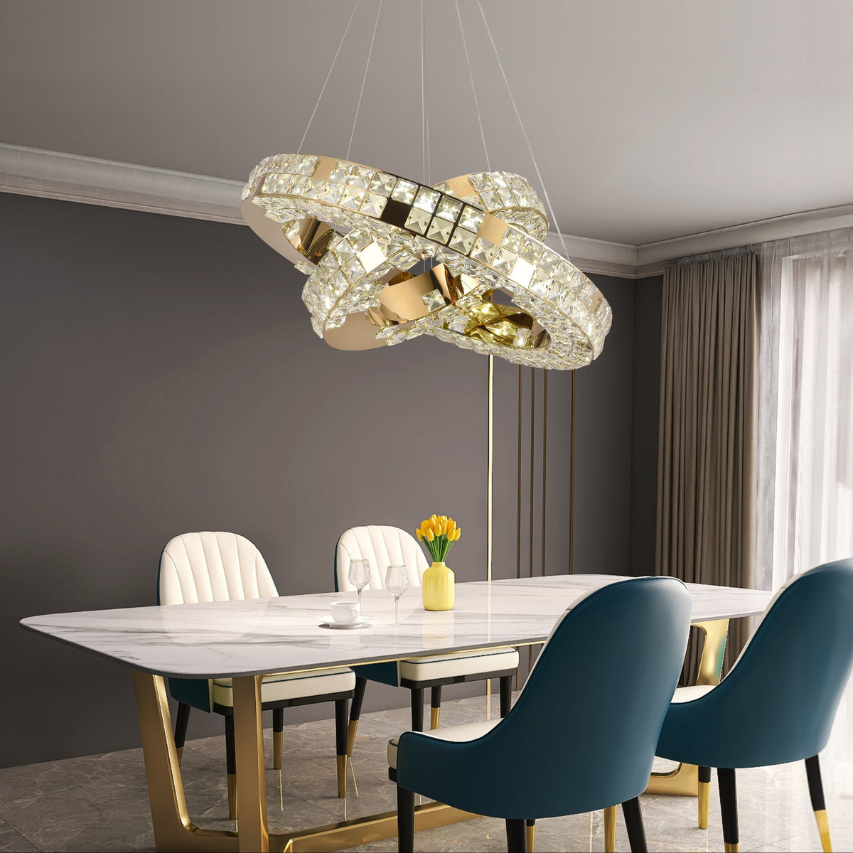 Πολυέλαιος LED με Τηλεχειριστήριο, LLC135/2GD, Κρύσταλλο και Μέταλλο, 54W, 2 Κύκλοι, Ρυθμιζόμενος, Ρυθμιζόμενος Ύψος, Κρύο/Ζεστό/Ουδέτερο φως 3000K/4000K/6000K, Πολυέλαιοι LED φωτισμού πολυτελείας με Τηλεχειριστήριο Σχεδίασης TD Default
